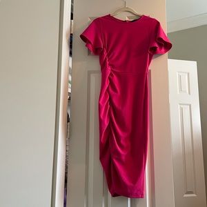 Hot Pink Rachel Zoe fitted midi dress with side ruching EUC